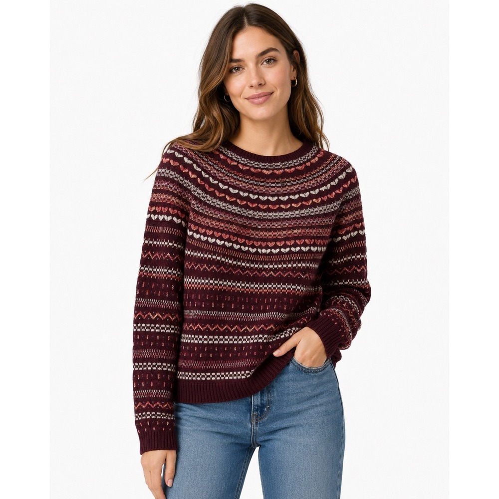 GH Bass Womens Fair Isle Heart Crewneck Sweater Burgundy Pink Cotton Blend NWT M